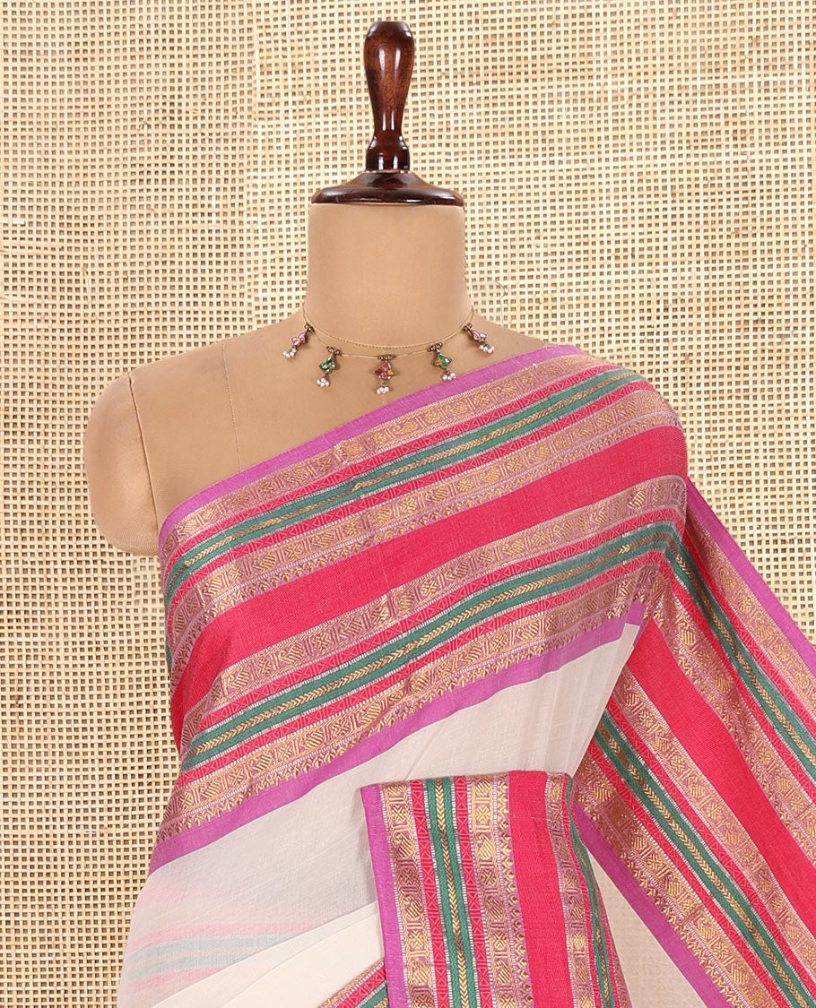Cream-Lavender Plain Khadi Mul Cotton Saree