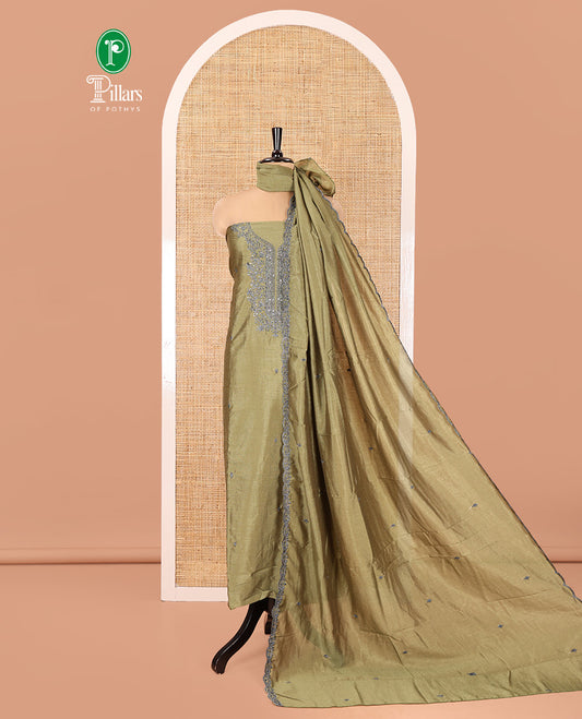 Olive Green Vichitra Silk Material Chudidar Set, Woven with Embroidered Top, a Plain Santoon Bottom, and Paired with a Matching Vichitra Silk Embroidered Scallop Dupatta