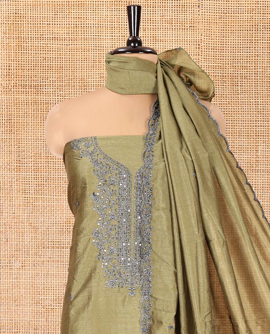 Olive Green Vichitra Silk Material Chudidar Set, Woven with Embroidered Top, a Plain Santoon Bottom, and Paired with a Matching Vichitra Silk Embroidered Scallop Dupatta