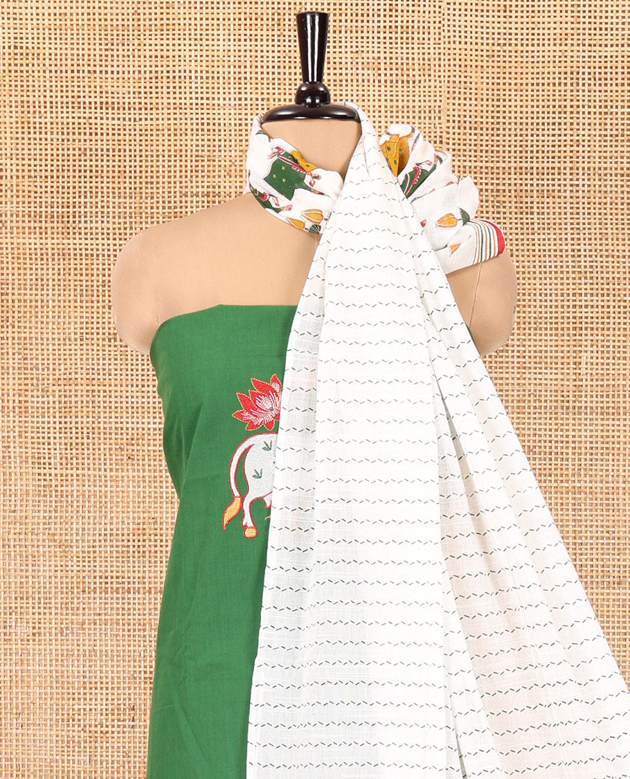 Green Material Chudidar Set, Artfully Woven with Pichwai Cow Motifs Embroidered Cotton Top, Complemented by a Contrast Plain Cotton Bottom, Paired with Pichwai Printed Dupatta