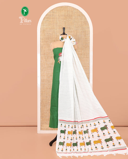 Green Material Chudidar Set, Artfully Woven with Pichwai Cow Motifs Embroidered Cotton Top, Complemented by a Contrast Plain Cotton Bottom, Paired with Pichwai Printed Dupatta