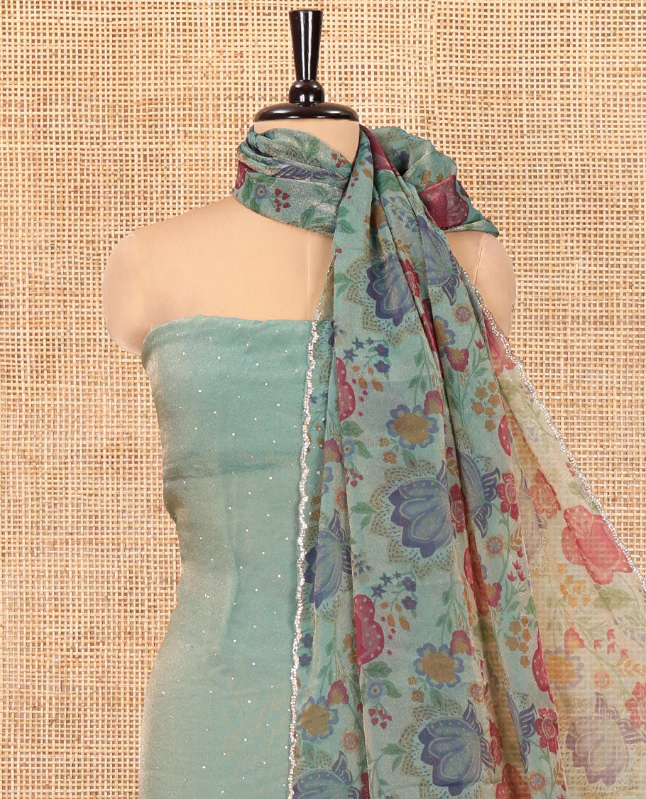 Firozi Green Moss Organza Material Chudidar Set, Gleamed Up with Stonework Top, a Plain Santoon Bottom, and Paired with Floral Print and Scallop Stonework Dupatta
