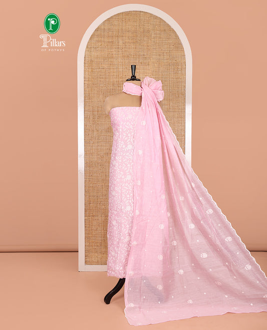 Pink Mul Chanderi Material Chudidar, Lucknowi-Style Embroidery Top, a Santoon Bottom, Scallop Embroidered Dupatta