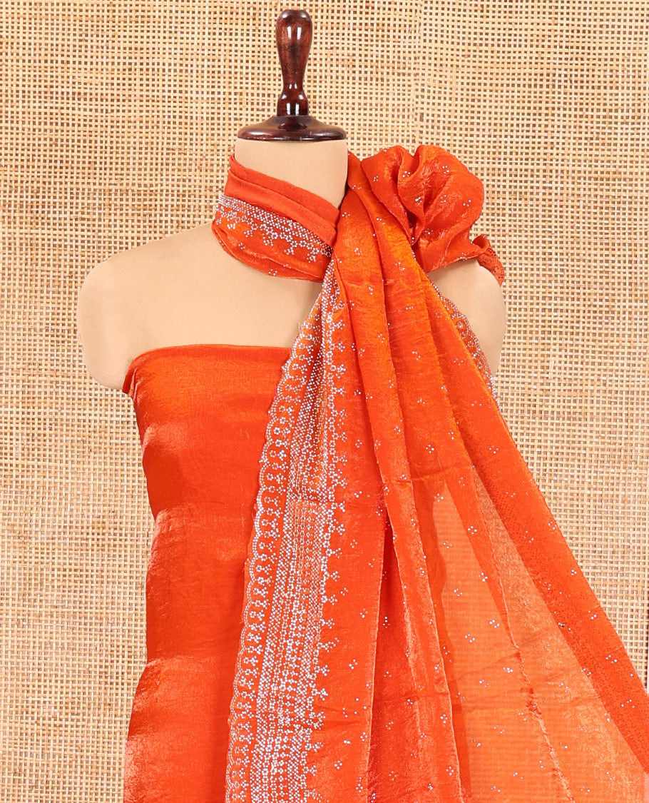 Rust Fendi Organza Material Chudidar Fetaures Pom-Pom-Neckline Top, Plain Bottom, and Scallop Embroidered Dupatta