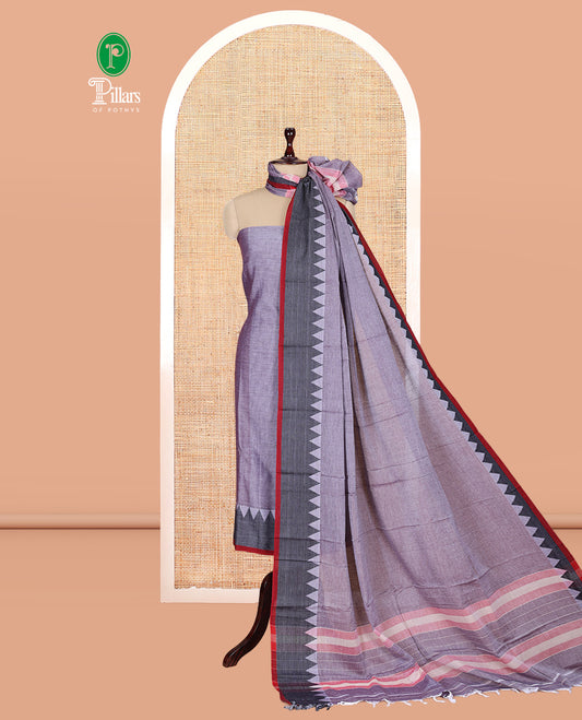 Lavender Mercerised Cotton Material Churidar Features Plain Top, Contrast Thread Temple Border, Matching Bottom, Temple Dupatta