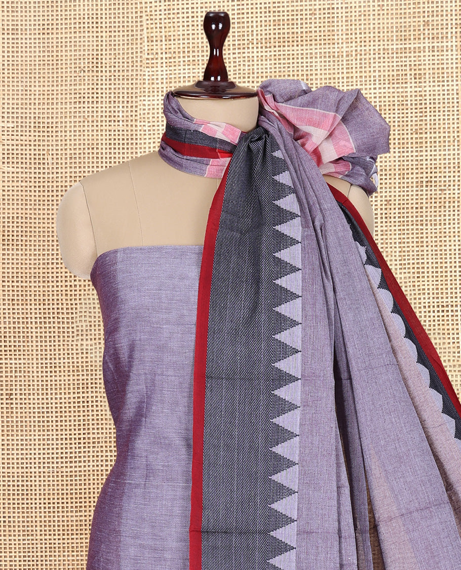 Lavender Mercerised Cotton Material Churidar Features Plain Top, Contrast Thread Temple Border, Matching Bottom, Temple Dupatta