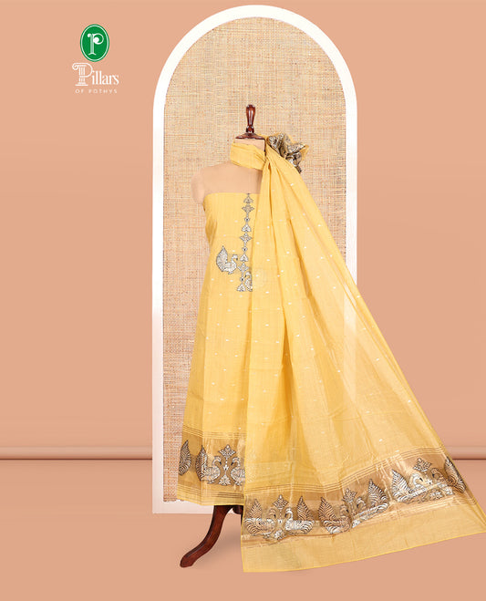 Yellow Chanderi Material Chudidar, Zari Buttas and Annam Buttas Top, Matching Bottom, Annam Buttas Dupatta