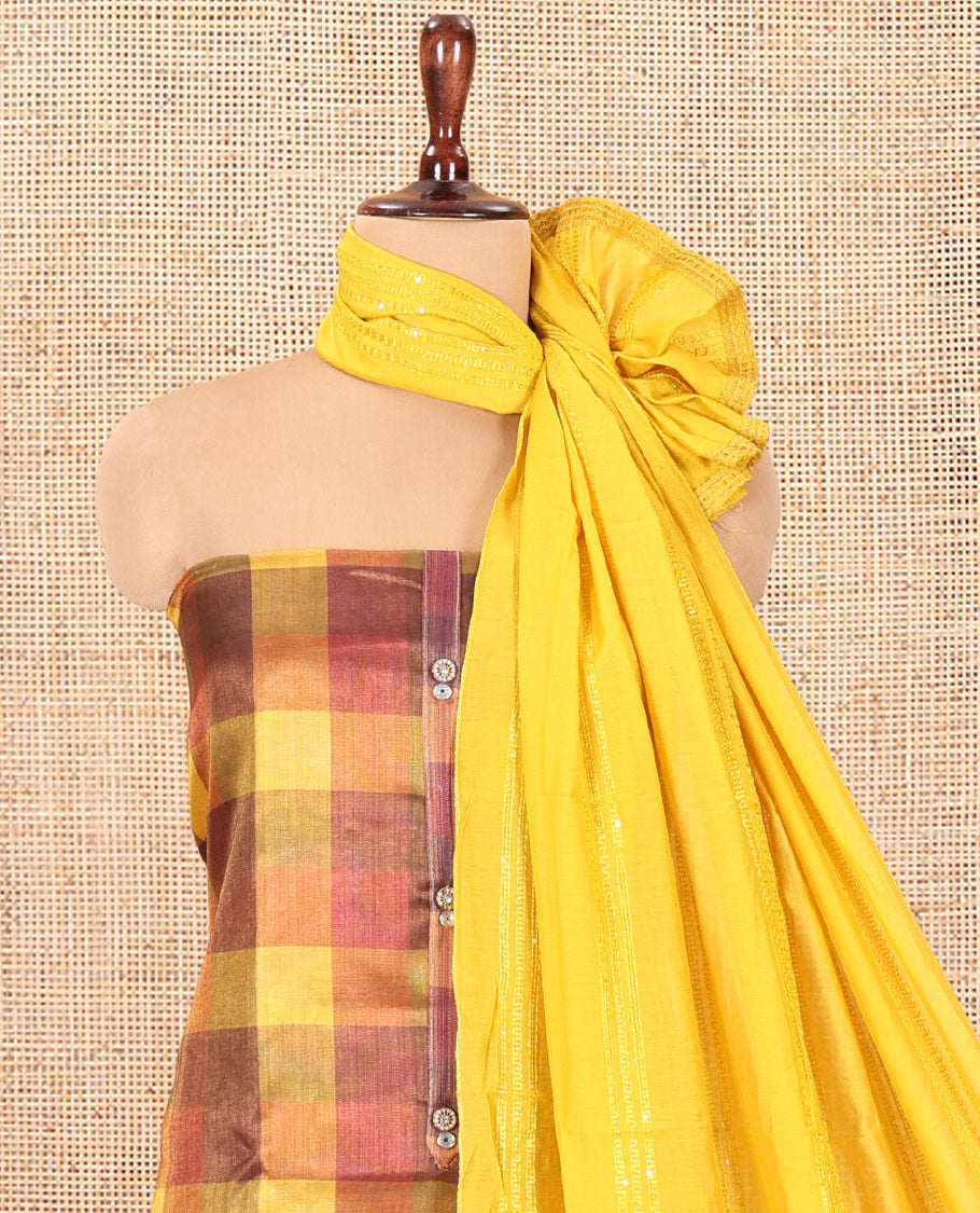 Multi-Color Shimmer Tissue Material Churidar Featuring Madras Checks Neckwork Top, a Contrast Bottom, Sequins Striped Dupatta