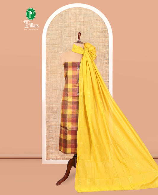 Multi-Color Shimmer Tissue Material Churidar Featuring Madras Checks Neckwork Top, a Contrast Bottom, Sequins Striped Dupatta