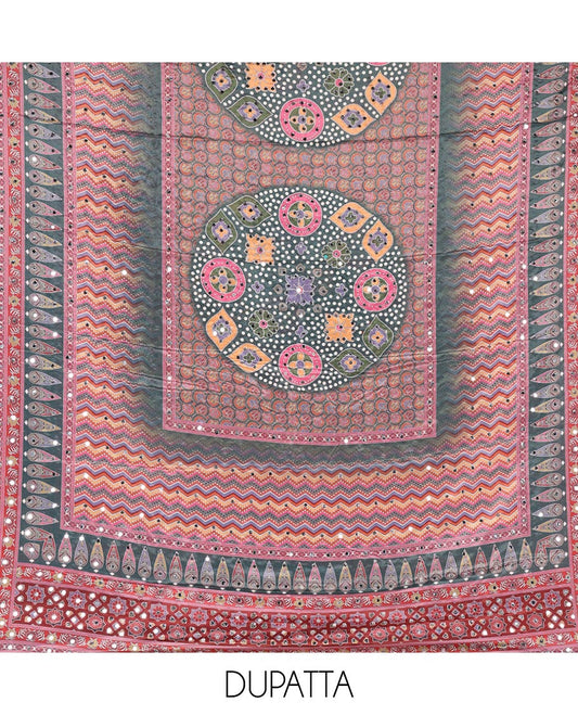 Multi-color material chudidar set, geometric and ajrakh printed with mirror work crepe top, plain grey bottom, and intricately printed and miror work chinon dupatta