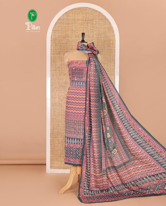 Multi-color material chudidar set, geometric and ajrakh printed with mirror work crepe top, plain grey bottom, and intricately printed and miror work chinon dupatta