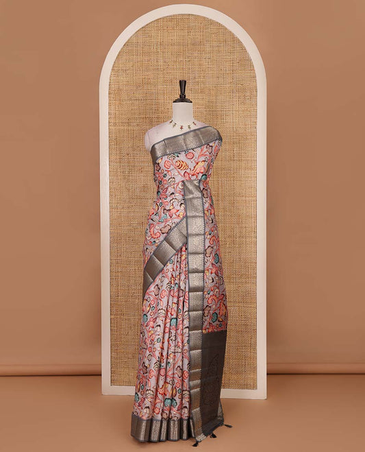 Grey kalamkari floral vine printed fancy tussar saree, contrast traditional zari border, intricate pallu, and floral printed zari border blouse