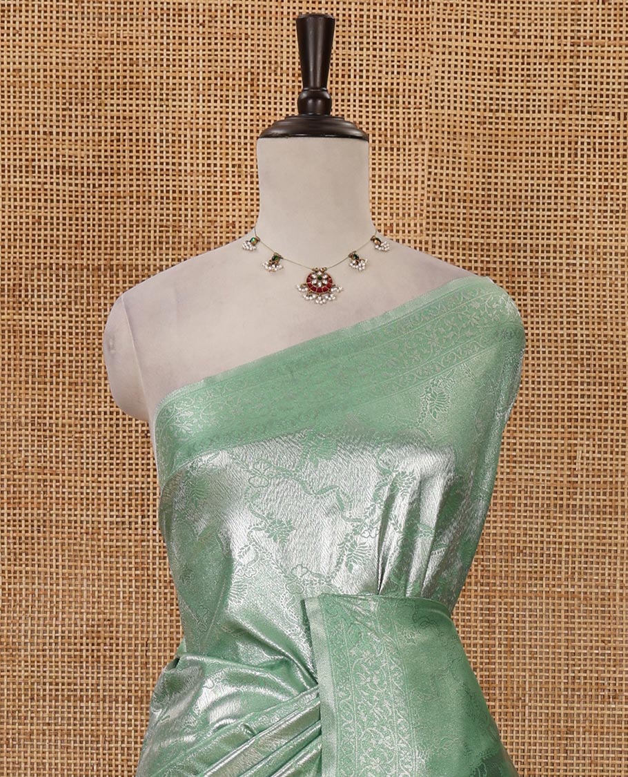 Green lotus zari jacquard softy saree, floral vine zari border, zari woven floral design pallu & matching zari jacquard blouse