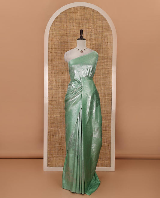 Green lotus zari jacquard softy saree, floral vine zari border, zari woven floral design pallu & matching zari jacquard blouse