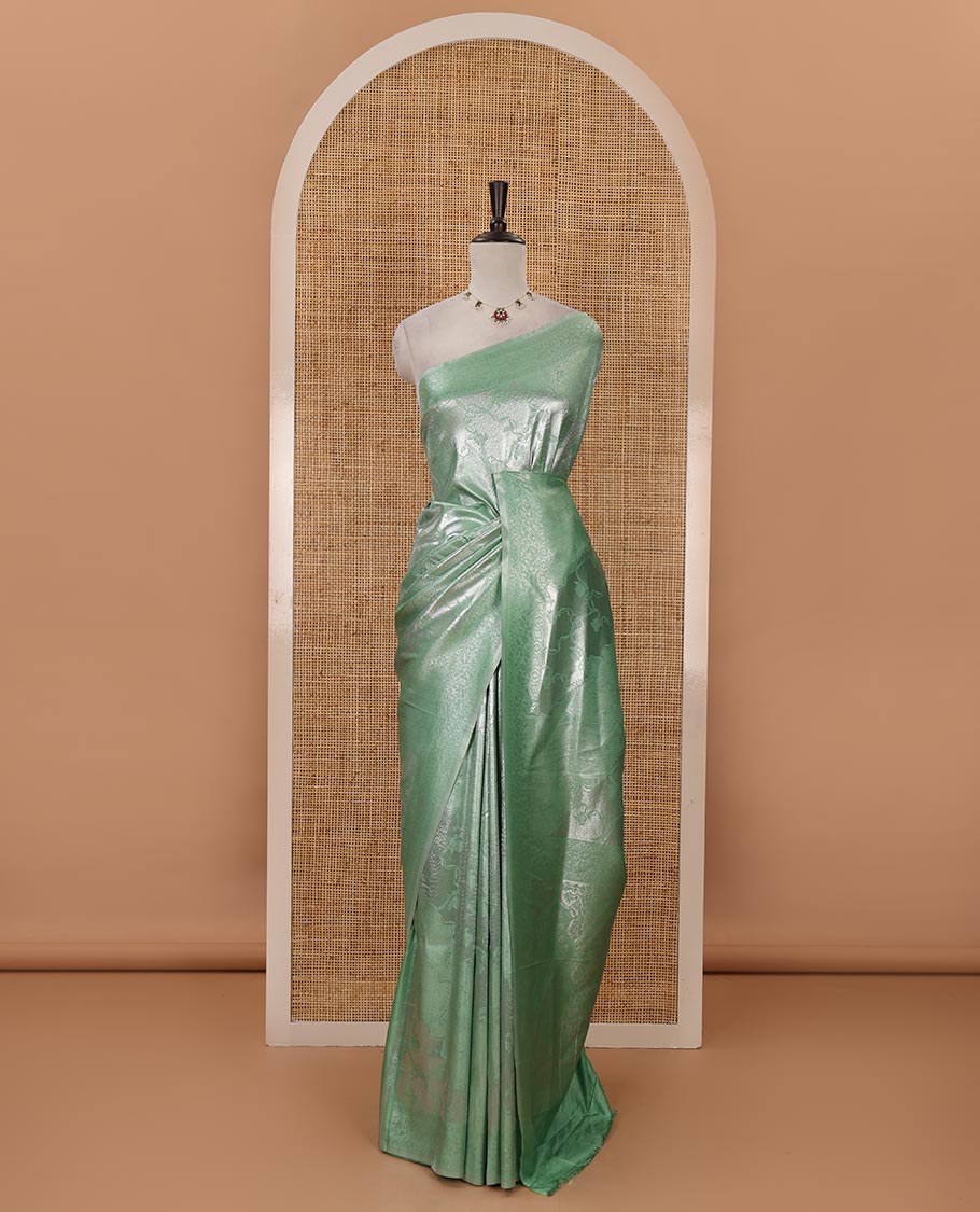 Green lotus zari jacquard softy saree, floral vine zari border, zari woven floral design pallu & matching zari jacquard blouse
