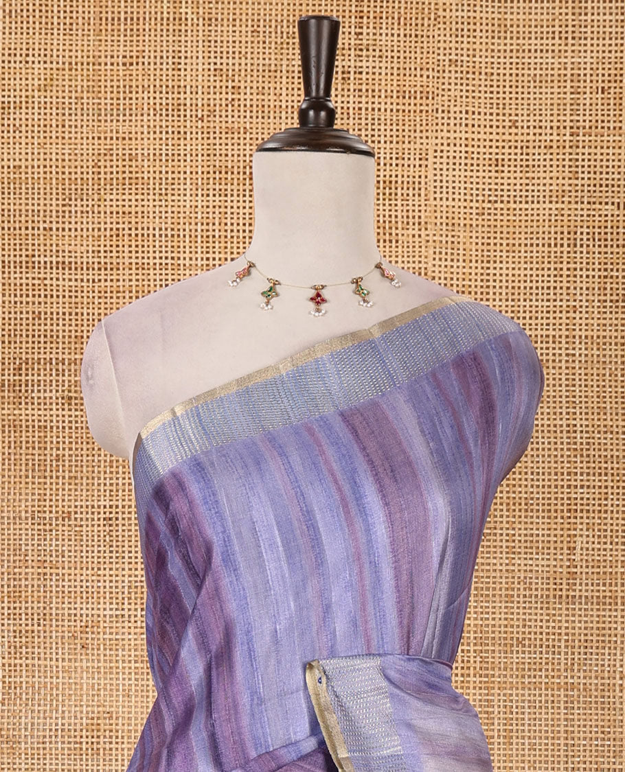 Lavender hand brushing-style multi-colored stripes printed fancy tussar silk saree, zari border, self-pallu & blouse of zari work & stripes print