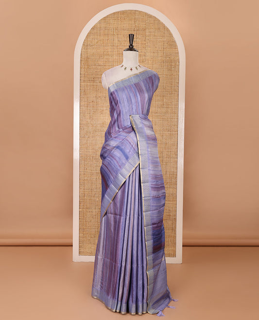 Lavender hand brushing-style multi-colored stripes printed fancy tussar silk saree, zari border, self-pallu & blouse of zari work & stripes print