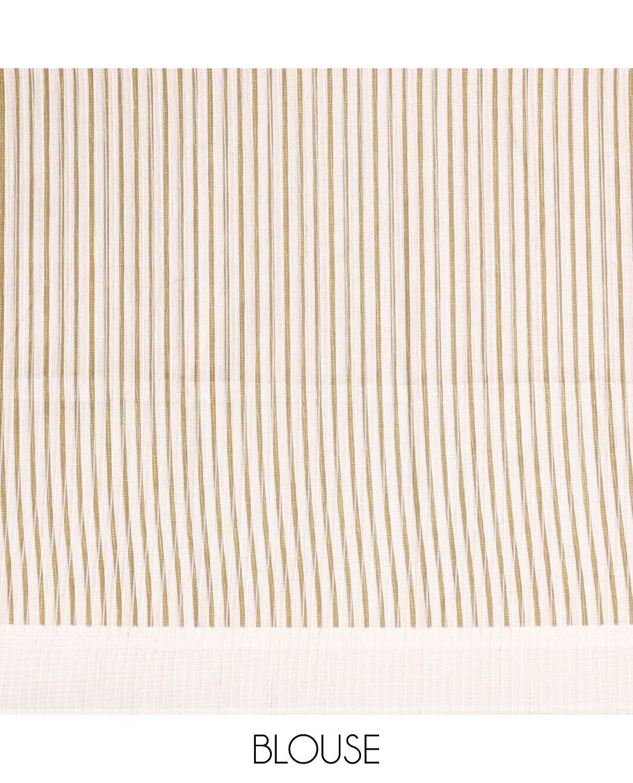 Off-White unique size and shaped leaf motifs printed fancy tussar saree, resham thread woven border, leaf motifs printed pallu, and a matching striped blouse