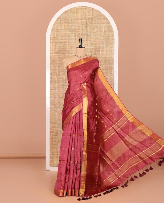 Onion pink zari buttas banana pith silk saree, zari bavanji border, zari striped pallu, and a matching zari design blouse