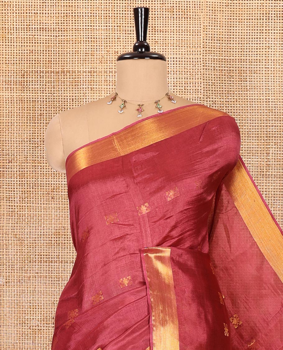 Onion pink zari buttas banana pith silk saree, zari bavanji border, zari striped pallu, and a matching zari design blouse