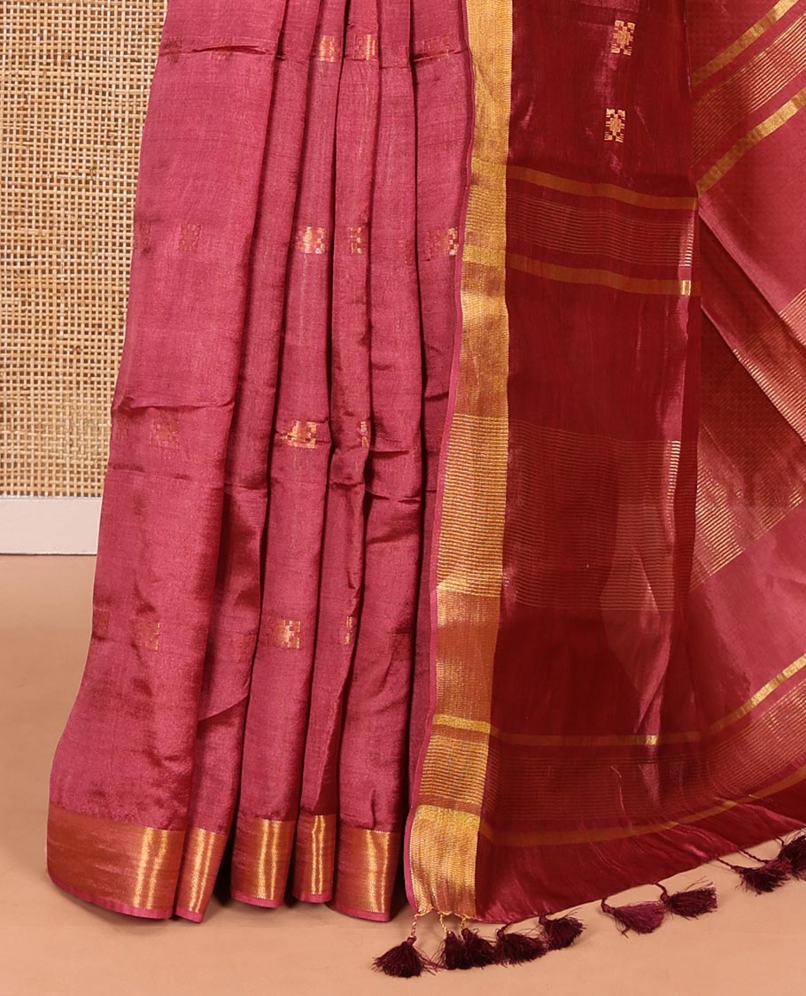 Onion pink zari buttas banana pith silk saree, zari bavanji border, zari striped pallu, and a matching zari design blouse