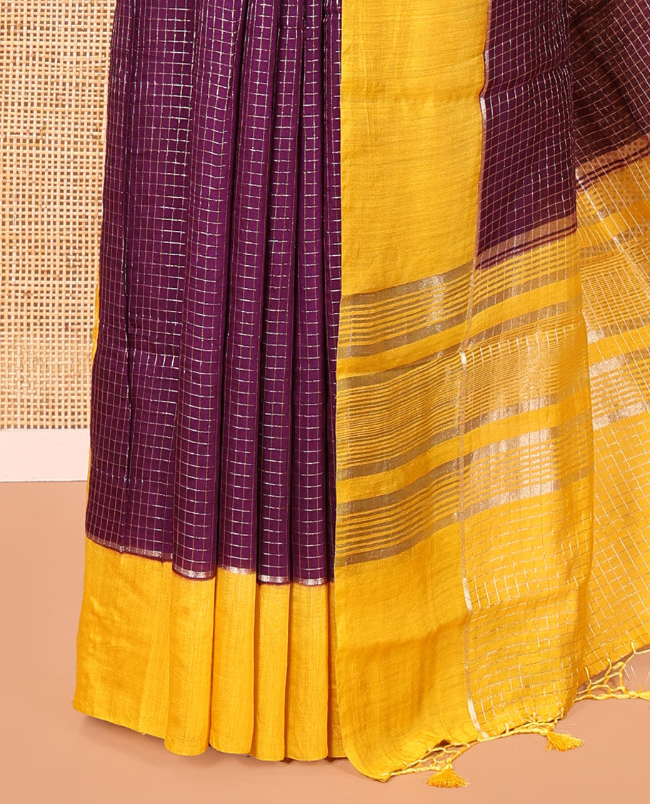 Purple Assam Silk Saree, Embellished with Zari Checked Design on Its Body, Complemented by Contrast Border, Pallu Steeped with Gleaming Zari Stripes, and Paired with a Contrast Blouse