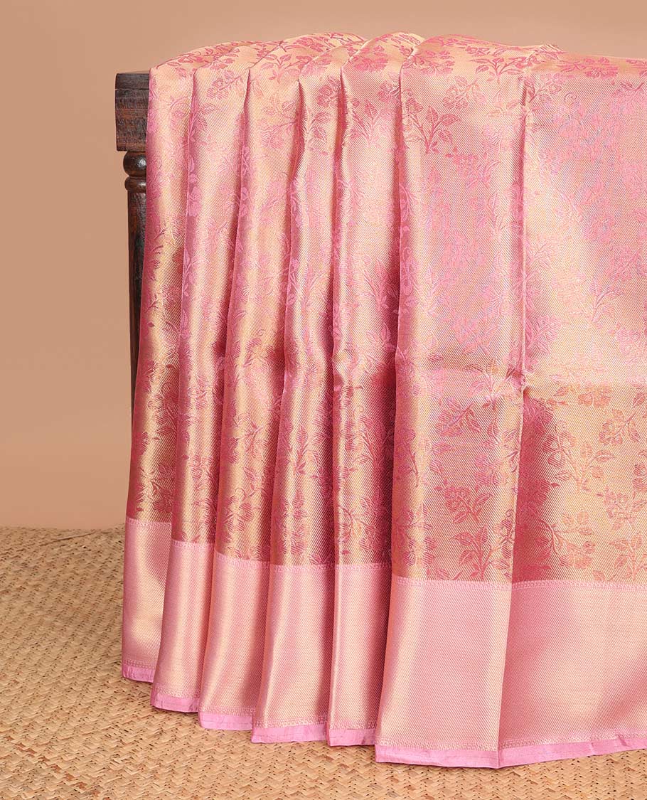 Light lavender floral design tissue saree with zari border & rich pallu along with contrast blouse