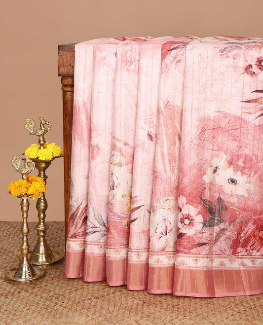 Chikku color with peach digital floral print, kadi print tussar silk saree with bhavanji border & floral print pallu along with plain blouse