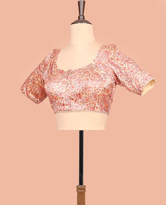 Pale orange paisleys printed front-back round-neck elbow sleeve readymade blouse
