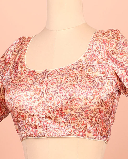 Pale orange paisleys printed front-back round-neck elbow sleeve readymade blouse