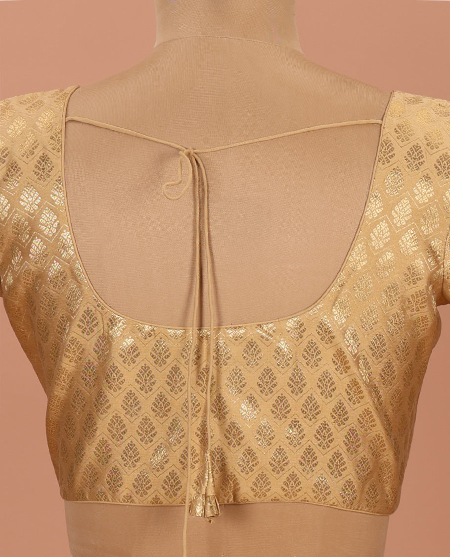 Gold buttas and chevron striped front-back round neck elbow-sleeve readymade blouse