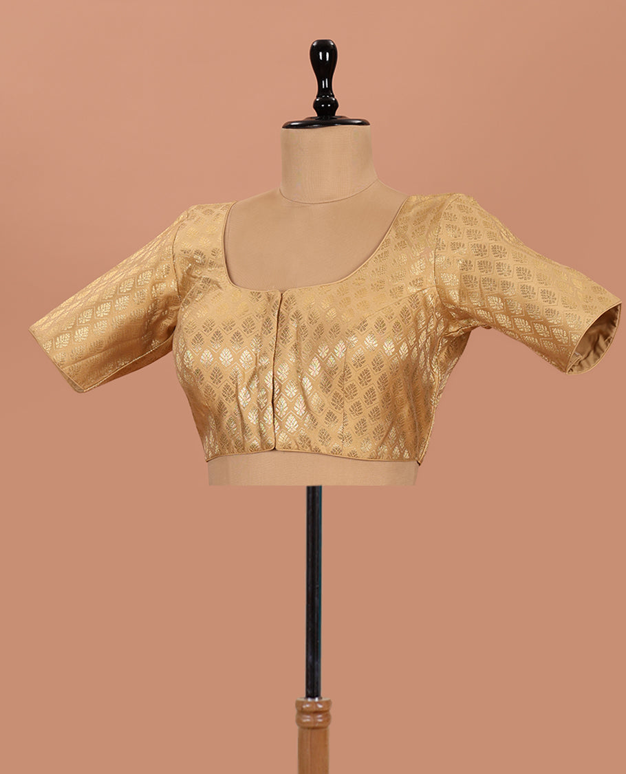 Gold buttas and chevron striped front-back round neck elbow-sleeve readymade blouse