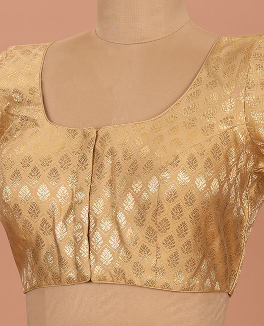 Gold buttas and chevron striped front-back round neck elbow-sleeve readymade blouse