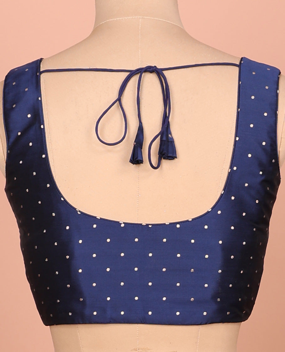 Navy blue glitter dotted front and back round necked sleeveless readymade blouse
