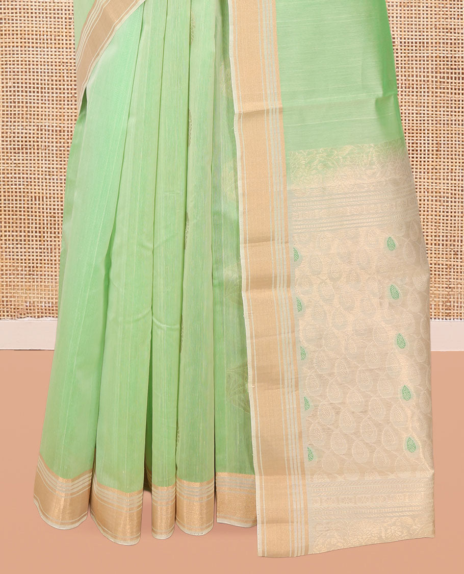 Light Pista Green Silk Cotton Saree, Subtly Sparkled with Zari Buttas, Contrast Zari Border, Intricate Pallu, and a Contrast Blouse