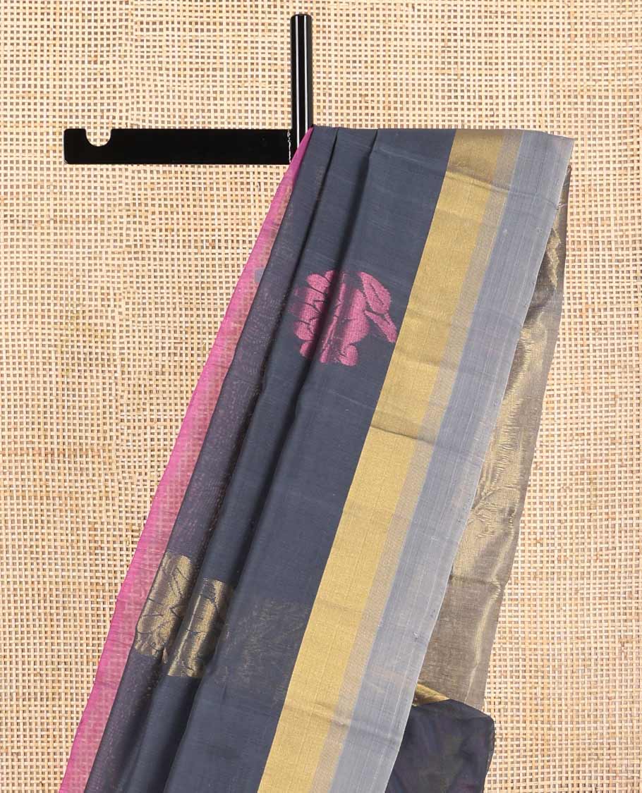 Grey flower design silk cotton saree with contradt zari border & floral design pallu
