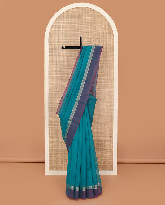 Blue plain silk cotton saree, contrast zari border, and plain pallu