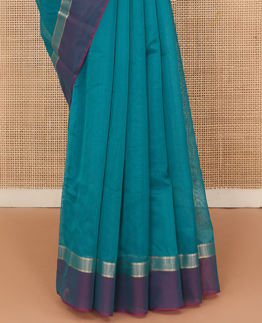 Blue plain silk cotton saree, contrast zari border, and plain pallu