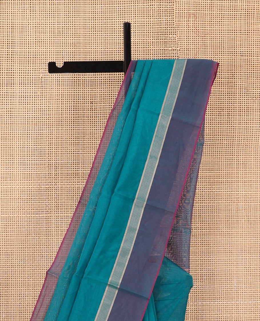 Blue plain silk cotton saree, contrast zari border, and plain pallu