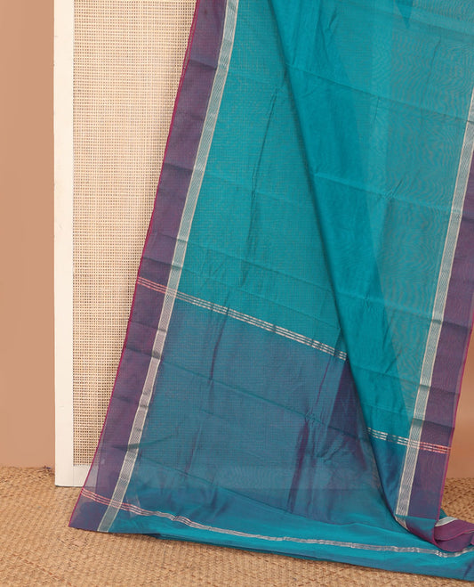 Blue plain silk cotton saree, contrast zari border, and plain pallu