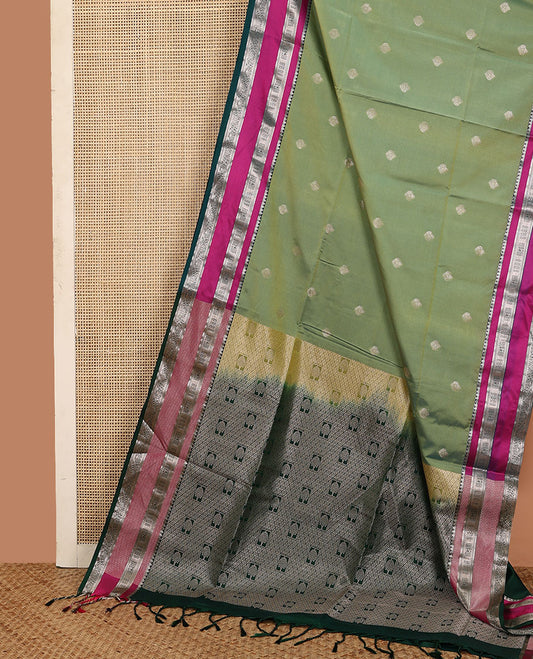 Green zari buttas soft silk saree, contrast varisai pettu traditional zari design border, and jaal pallu