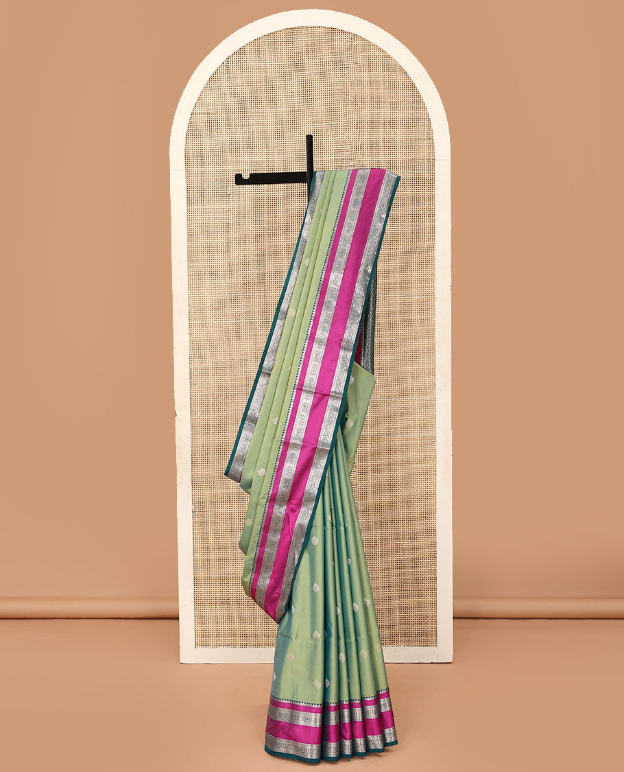 Green zari buttas soft silk saree, contrast varisai pettu traditional zari design border, and jaal pallu