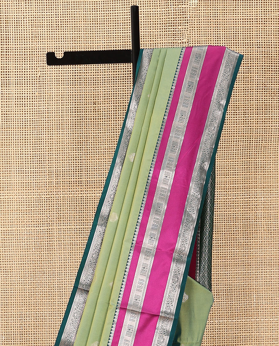 Green zari buttas soft silk saree, contrast varisai pettu traditional zari design border, and jaal pallu
