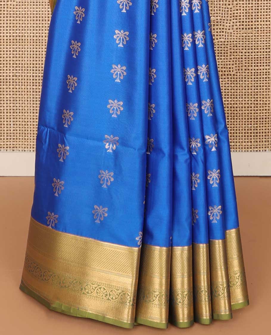 Blue motifs soft silk saree with contrast zari design border & checked floral design pallu