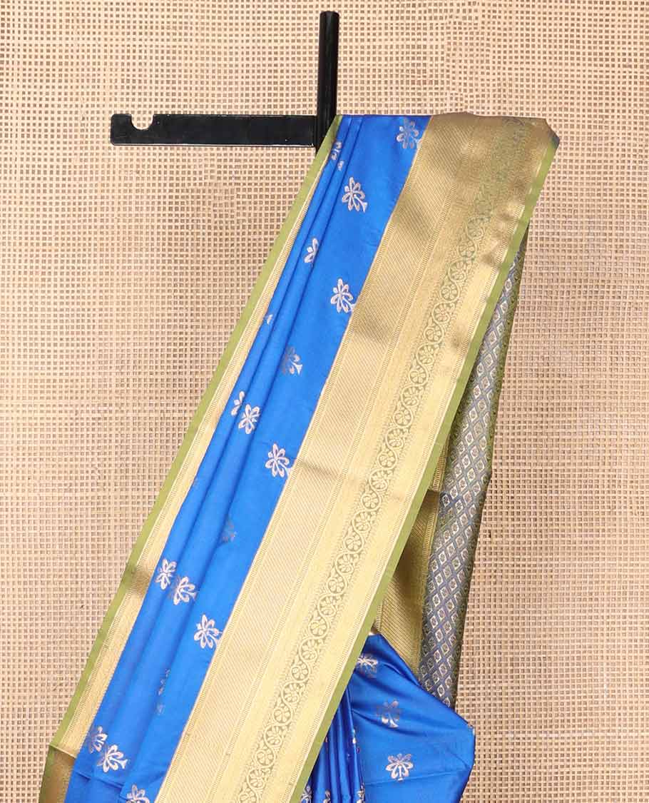 Blue motifs soft silk saree with contrast zari design border & checked floral design pallu