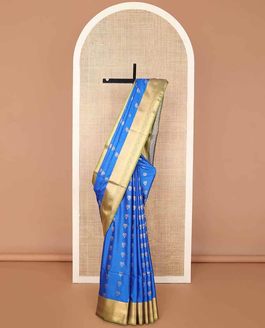 Blue motifs soft silk saree with contrast zari design border & checked floral design pallu