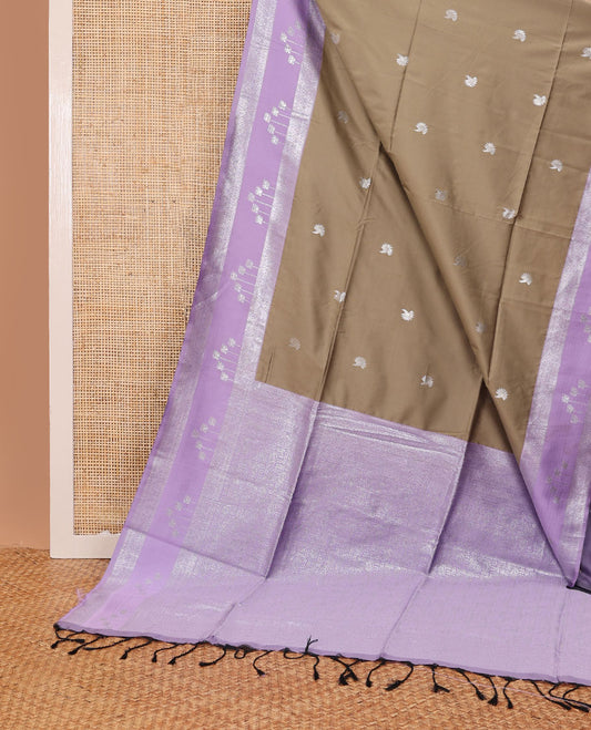 Pale brown semi-soft silk saree with zari buttas, contrast violet zari border of traditional designs, & pallu of intricate designs