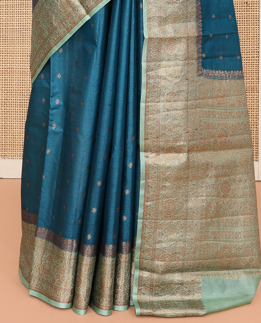 Blue Tussar Silk Saree, Woven with Zari Buttas, a Contrast Traditional Zari Border, Grand Pallu, and a Contrast Blouse