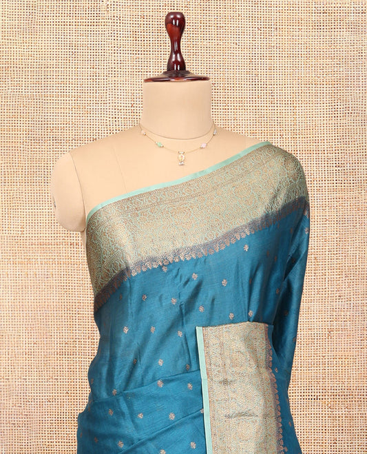 Blue Tussar Silk Saree, Woven with Zari Buttas, a Contrast Traditional Zari Border, Grand Pallu, and a Contrast Blouse