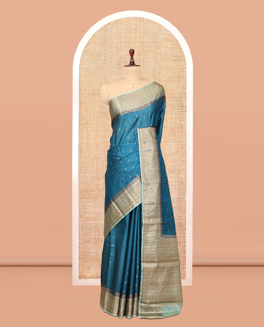 Blue Tussar Silk Saree, Woven with Zari Buttas, a Contrast Traditional Zari Border, Grand Pallu, and a Contrast Blouse